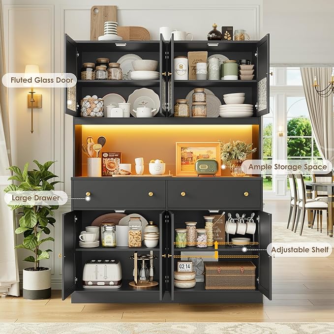 FINETONES 71" Pantry Cabinet with LED Light and Charging Station, Farmhouse Kitchen Pantry Cabinet with Microwave Stand, 47.2" Wide Kitchen Hutch Food Pantry with Open Countertop, Black