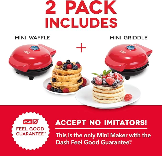 DASH Mini Maker Waffle Maker + Griddle, 2-Pack Griddle + Waffle Iron - Red