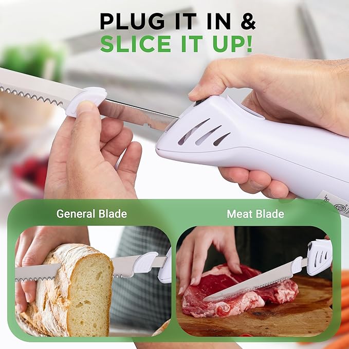 NutriChef Electric Carving Turkey Slicer Kitchen Knife | For Thanksgiving | Portable Electrical Food Cutter Knife Set with Carving Blades & Wood Carving Stand | Cuts Meat, Bread, Cheese & Fruit