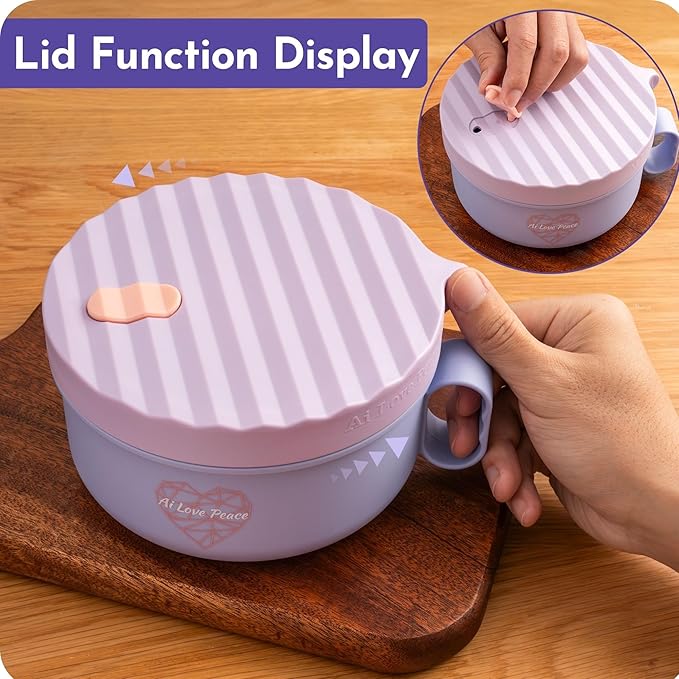 AI LOVE PEACE Ramen Bowls, 40 oz Large Microwavable Noodle Bowls (2 Purple) with Chopsticks, Sporks, and Utensil Bag, Portable Microwave Bowl for Home, Office, Dorm, or College Gift.