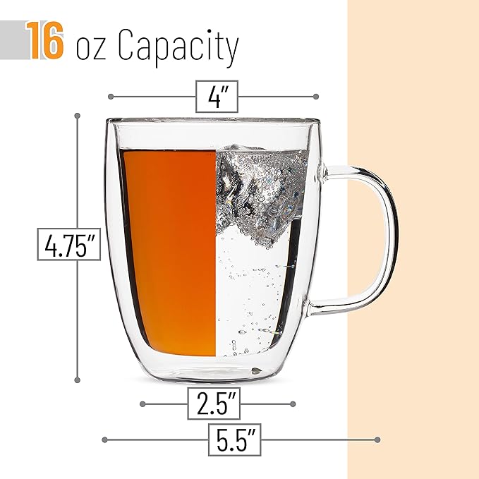 BTaT- Insulated Coffee Mug, Large, Set of 4 (16oz, 500ml), Double Wall Glass Coffee Cups, Glass Coffee Mug, Christmas Gifts