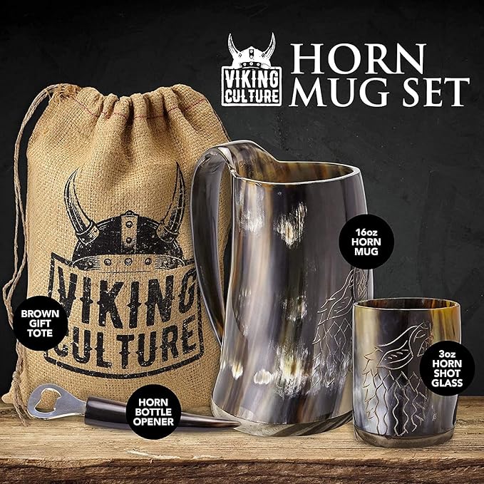 Viking Culture Ox Horn Mug, Shot Glass, and Bottle Opener (3 Pc Set) Authentic 16-oz. Ale, Mead, and Beer Tankard | Vintage Stein with Handle | Custom Intricate Design - Polished Finish | Wolf/Fenrir