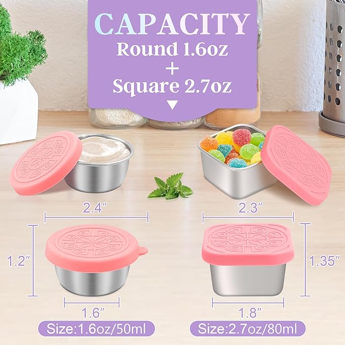 6 PCS Salad Dressing Container to Go,Handy Leakproof Stainless Steel Meal Prep Containers Reusable,Sauce Containers for Lunch Box, Picnics, Travel, Office and Kitchen Storage-1.6oz+2.7oz