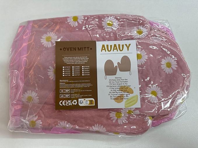 AUAUY Oven Mitts and Potholders, BBQ Gloves Heat Resistant, 1 Pair Oven Mitts and 2 Pot Holders, Cotton Non-Slip Cooking Gloves for Cooking Baking Kitchen Microwave Pizza(Daisy-Pink)