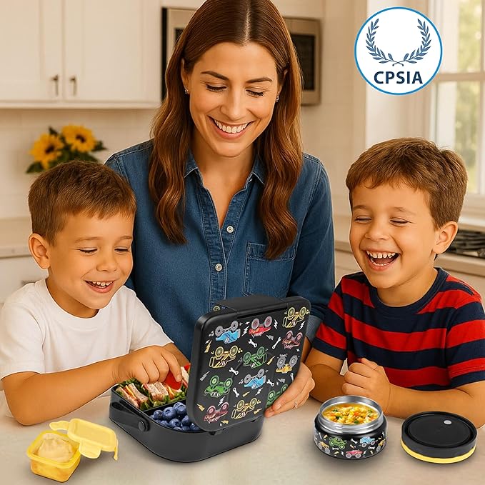 TinyPalsa Bento Box for Kids with 10oz Thermos, Durable Lunch Box with Leak Proof Insulated Food Jar, 3 Compartments with Portable Handle for Ages 3+, Dishwasher Safe, Ideal for School, Travel (Car)