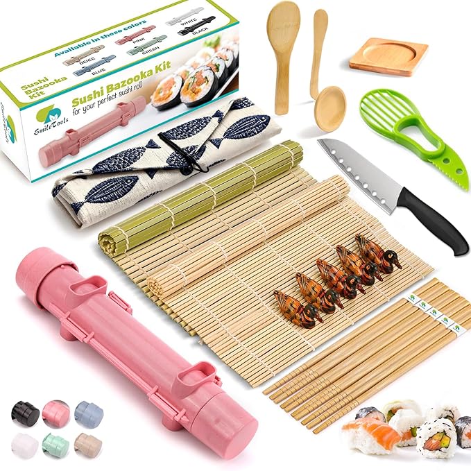 Sushi Making Kit For Beginners - 22 Piece DIY Sushi Roller Kit with Bamboo Sushi Rolling Mat, Sushi Bazooka, Chef's Knife, Chopsticks, Holder - Best Starter Sushi Kit (Pink)