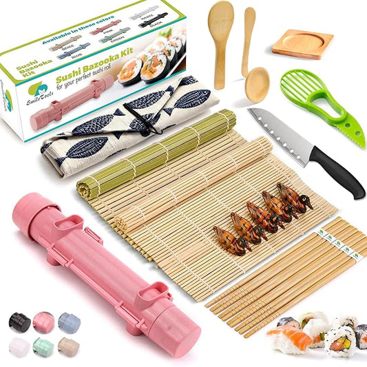 Sushi Making Kit For Beginners - 22 Piece DIY Sushi Roller Kit with Bamboo Sushi Rolling Mat, Sushi Bazooka, Chef's Knife, Chopsticks, Holder - Best Starter Sushi Kit (Pink)