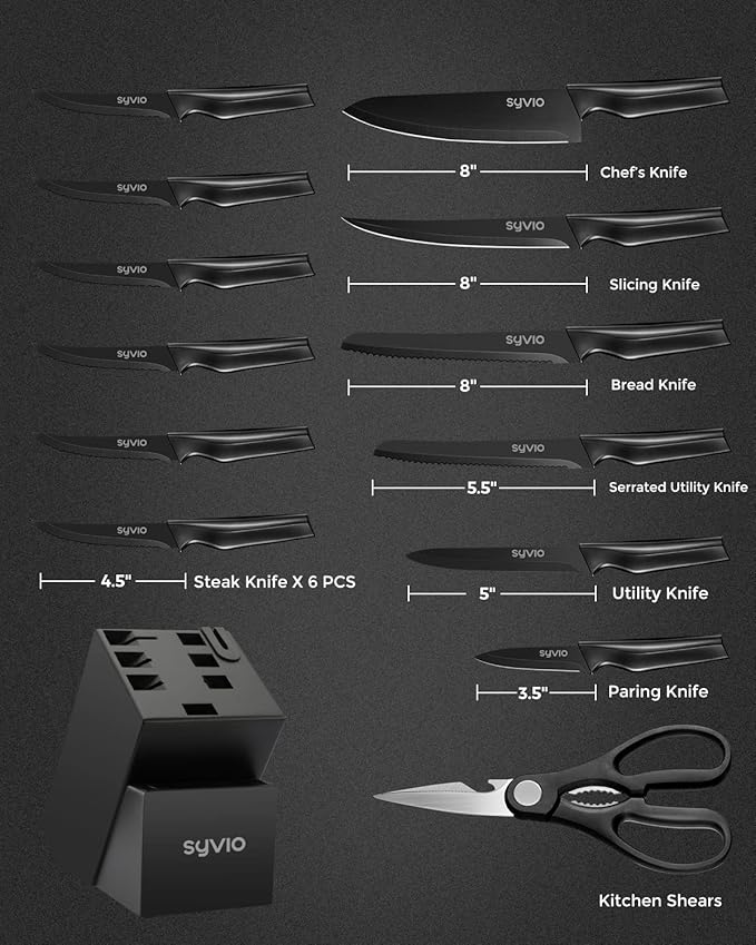 syvio Block Knife Set, 15 Pcs Kitchen Knife Set with Block and Sharpener, with Heavy Poultry Shears and 6pcs Serrated Steak Knives Razor-Sharp, Stainless Steel, Lightweight, Anti-Slip Handle
