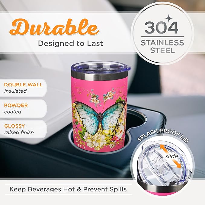 Christian Art Gifts Stainless Steel Double Wall Vacuum Insulated Travel Mug 18 oz Butterfly Pink BPA-free Tumbler with Retractable Lid Inspirational Scripture for Women - Be Still -Psalm 46:10