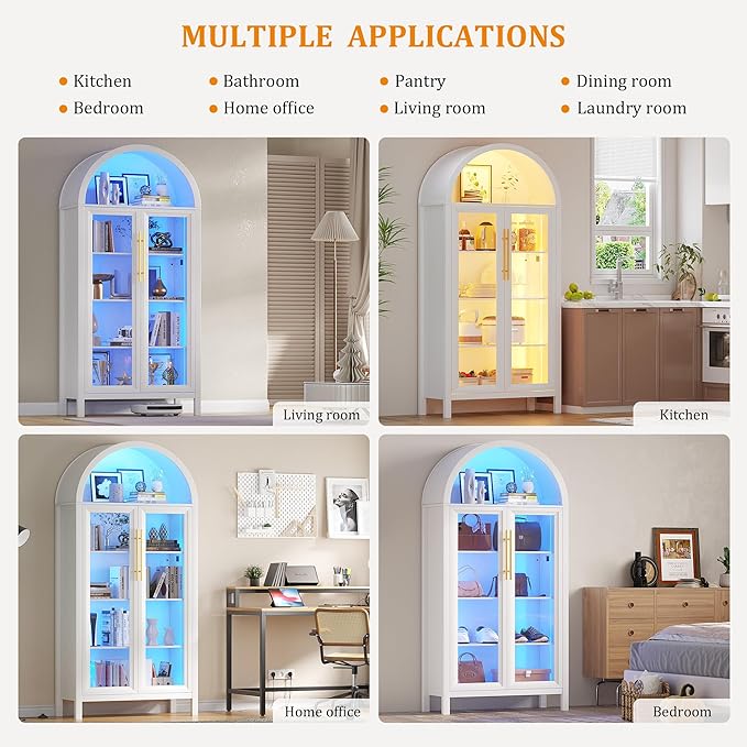 Arched Kitchen Pantry Cabinet with Glass Doors, Display Curio Case with 3 Color LED Lights for Collectibles, Modern 5-Tier Storage Hutch Cabinet for Kitchen, Dining Room, White
