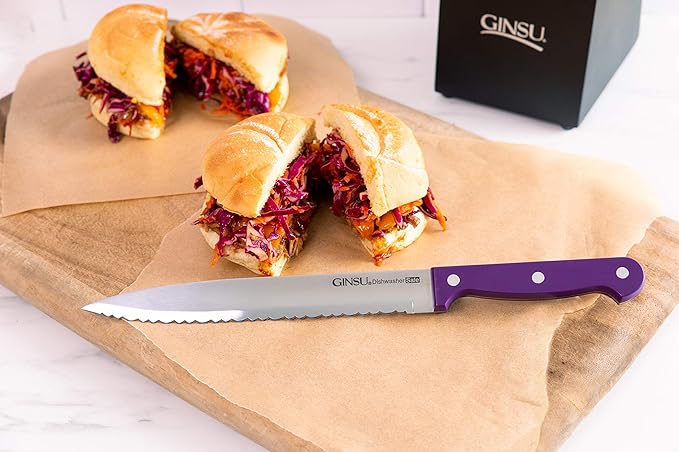 Ginsu Kiso 14-Piece Purple Knife Set with Natural Block - Dishwasher Safe and Always Sharp