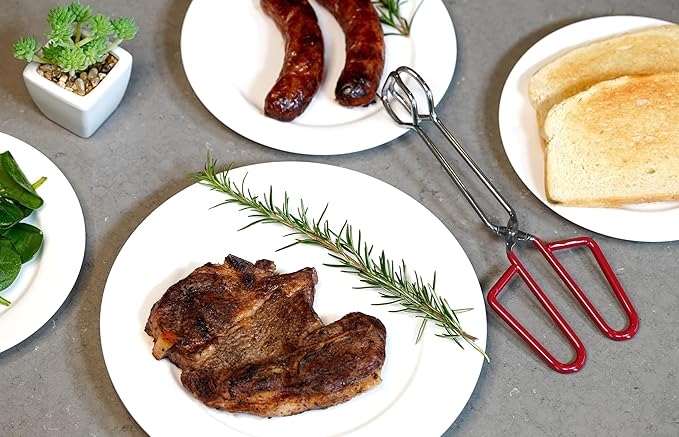 10-Inch Heavy Duty Stainless Steel Kitchen Tongs - Non-Slip Comfortable Red Grip, Scissor Design, Heat Resistant for BBQ and Cooking, Set of 2