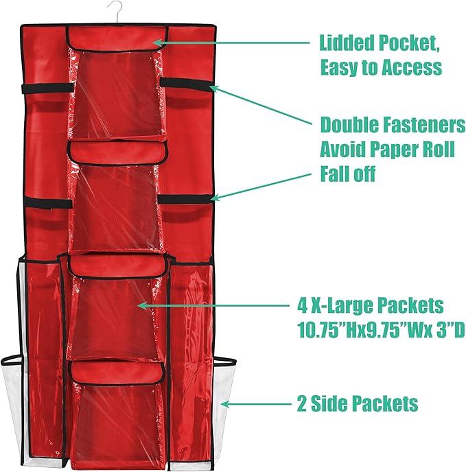 Simple Houseware Double-Sided Hanging Gift Wrap Organizer Storage Pockets, Red (Set of 1)