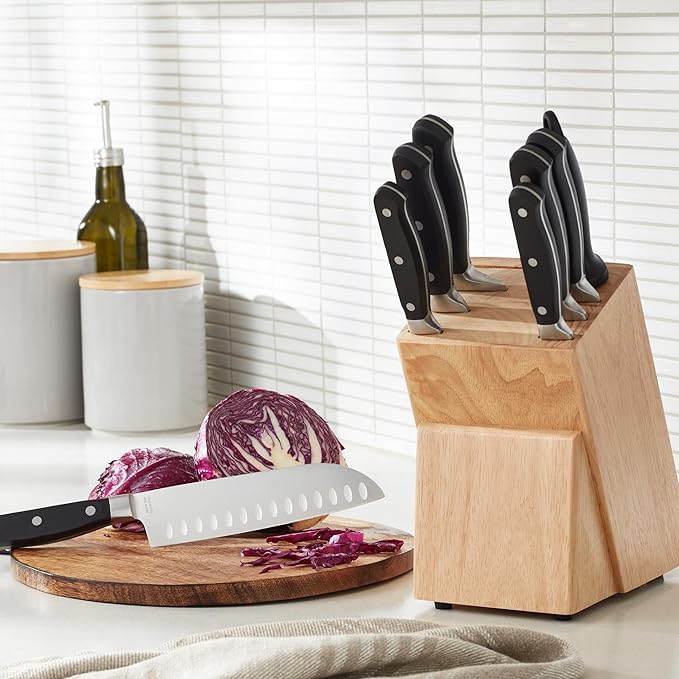 Amazon Basics 9 Pieces Premium High-Carbon Stainless-Steel Blades with Pine Wood Knife Block Set, Kitchen, Black