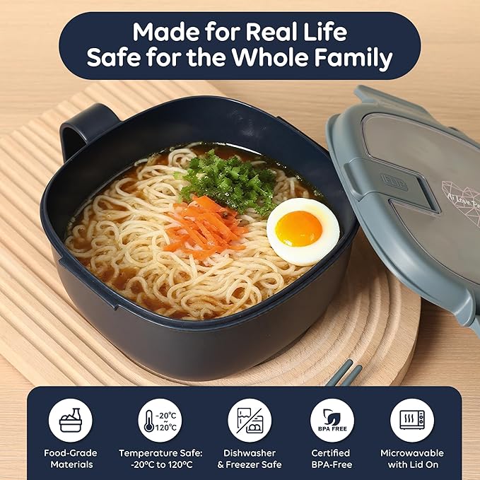 AI LOVE PEACE Microwavable Ramen Bowl with Lid - Leakproof Noodle Container with Built-In Utensils, BPA-Free, Dishwasher & Freezer Safe [Navy]