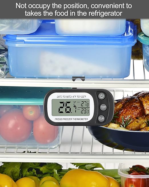 Frienda 12 Pack Black Digital Fridge Thermometer Waterproof Refrigerator and Freezer Room Max/min Record Function LCD Screen Refrigerator Thermometer with Hook and Magnetic Back for Home