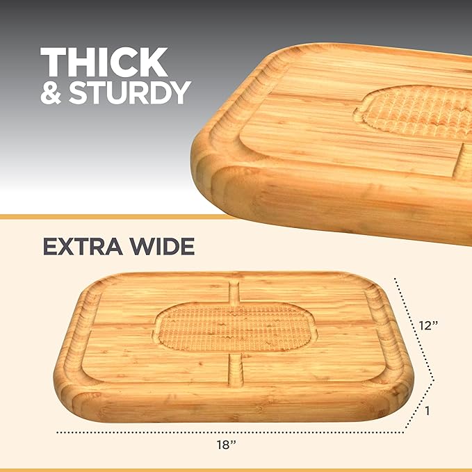 Turkey Platter for Thanksgiving - 18x12 Reversible Bamboo Carving Cutting Board for BBQ or Grilling - Heavy Duty Butcher Block with Deep Juice Groove, Spikes, Grid Grip - Large Kitchen Christmas Gift