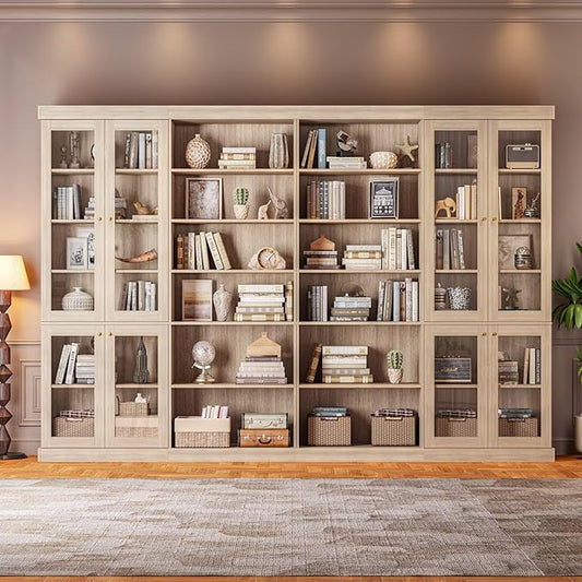 70.8" Tall Farmhouse Bookshelf with Glass Doors, Modular Bookcase with 6-Tier Adjustable Shelves, Large Storage Cabinet for Kitchen, Living Room, Brown, Set of 4