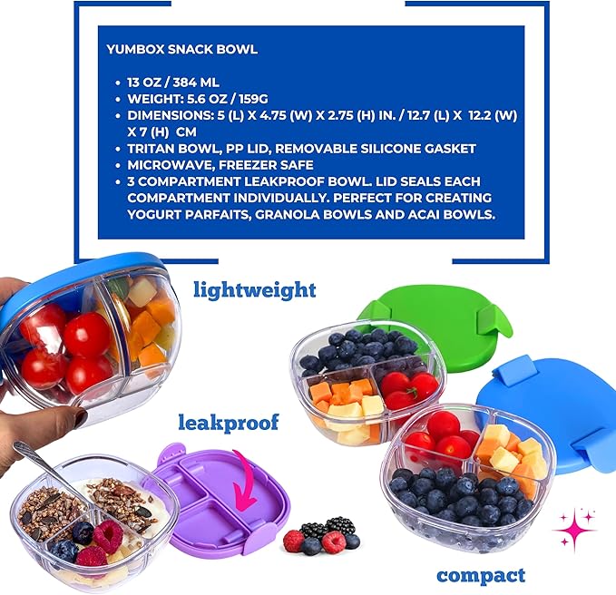 Yumbox Snack Bowl, Leakproof 3 Compartments, Removable Lid, Microwave, Dishwasher Safe, Kids Snacks, Granola Bowl, Snacks for school, work, travel (Hazy Purple)