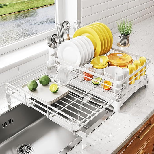 SNTD Dish Drying Rack - Extendable Dish Rack, Large Sink Drying Dish Drainer for Kitchen Counter, Stainless Steel Dish Strainer with Utensil Holder (White)