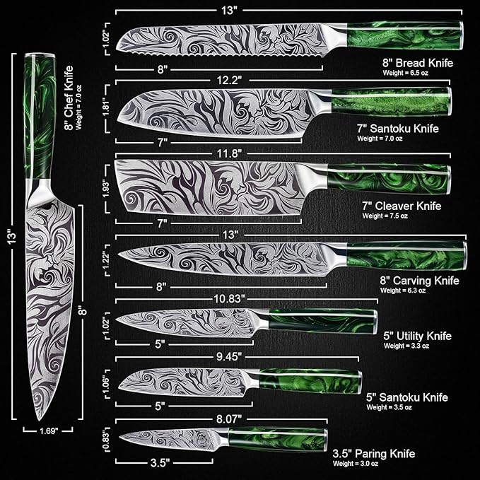 SENKEN 8-piece Engraved Japanese Kitchen Knife Set & Beautiful Green Resin Epoxy Handles - Wasabi Collection - Chef's Knife, Bread Knife, Cleaver Knife, Paring Knife, & More