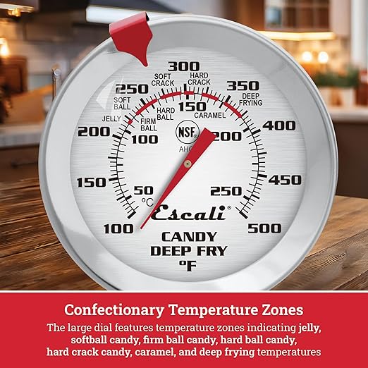 Escali AHC1 Stainless Steel Deep Frying and Candy Thermometer with Pot Clip, 5-Inch Probe with Candy Temperature Zones, NSF Certified