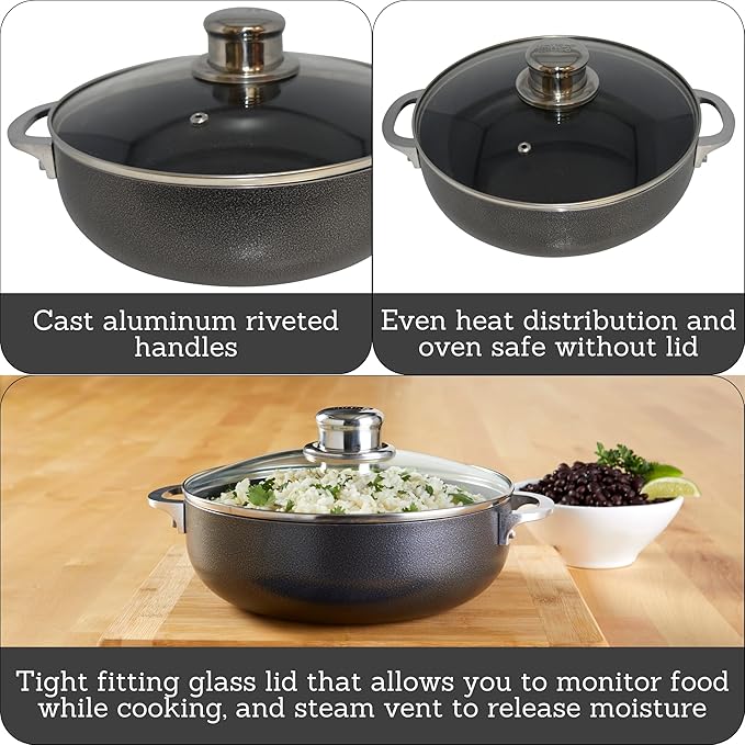 IMUSA 6.9qt Charcoal Aluminum Nonstick Caldero with Glass Lid, Black