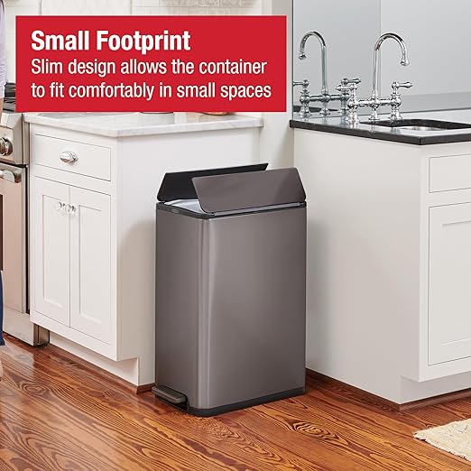 Rubbermaid Elite Stainless Steel Slim Step-On Trash Can 12 Gallon Charcoal Wastebasket for Home/Kitchen/Garage/Apartment/Office