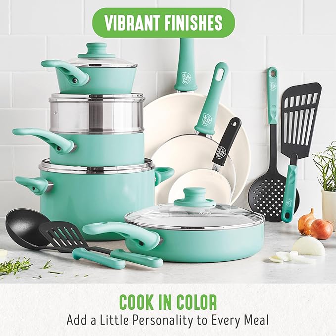 GreenLife Soft Grip Healthy Ceramic Nonstick 18 Piece Kitchen Cookware Pots and Frying Sauce Saute Pans Set, PFAS-Free with Kitchen Utensils and Lid, Dishwasher Safe, Turquoise