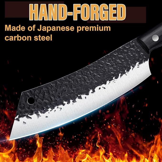 Golden Bird Butcher Knife Set - 4pcs Hand Forged Meat Cleaver Knife & Serbian Chef Knives & Sharp Viking Knives for Meat Cutting, Camping, BBQ, Christmas Gifts for Men Women