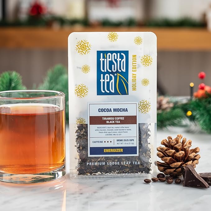 Tiesta Tea - Hot Cocoa Tea Gift Set, Loose Leaf, Cocoa Mocha & Peppermint Holiday Blends with Infuser, High to Non-Caffeinated, Stainless Steel Brew Basket & 2 Resealable Pouches
