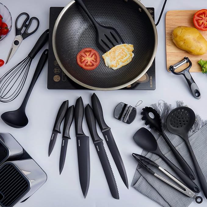 RAXCO Kitchen Utensils Set,18-Piece Cooking Tools and Sharp Knives,Stainless Steel Holder and Cutting Board