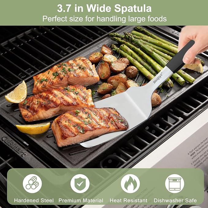 Beijiyi Stainless Steel Spatulas, 2 Pcs Metal Spatula Set for Cooking with Silicone Handle, Heavy Duty Turner for Cast Iron Skillet, Flat Top Grills, Kitchen Utensils for Steak, Pancake, Smash Burger