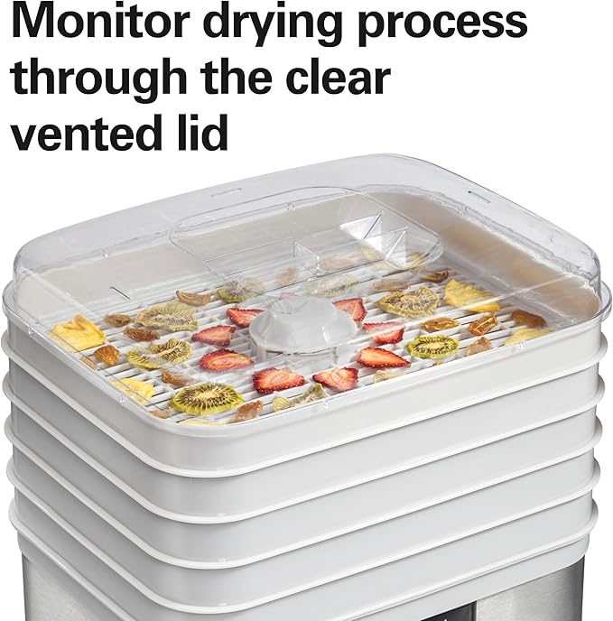 Hamilton Beach Digital Food Dehydrator for Fruit and Jerky, Vegetables and More, 5 Trays, Adjustable Temperature, 48 Hour Timer + Auto Shutoff, Grey (32100A)