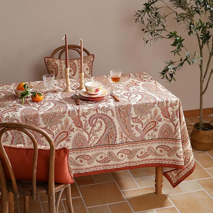 ISAENNE Designer French Red Small Rectangular Tablecloth,Linen Table Cloth with Cashew Pattern,Stain Proof Decor Tablecloths for Dining Thanksgiving Kitchen Christmas,55"*71"-Chauffrey D
