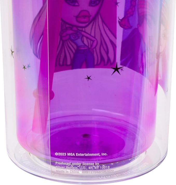 Silver Buffalo Bratz Grid Featuring Cloe, Yasmin, Jade, and Sasha Plastic Tall Cold Cup with Lid and Straw, 20 Ounces
