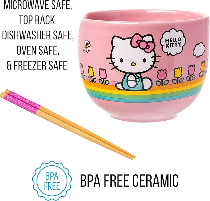 Silver Buffalo Hello Kitty Spring and Summer Flowers Rainbow Stripes Ceramic Ramen Noodle Rice Bowl with Chopsticks, Microwave Safe, 20 Ounces