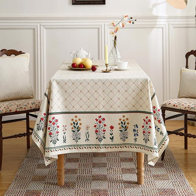 ISAENNE Designer Vintage Linen Floral Extra Long Tablecloth Rectangle,Fall Colorful Modern Table Cloth,Anti-Wrinkle Decor Tablecloths for Dining Thanksgiving Kitchen Christmas,67"*118"-Bertina E