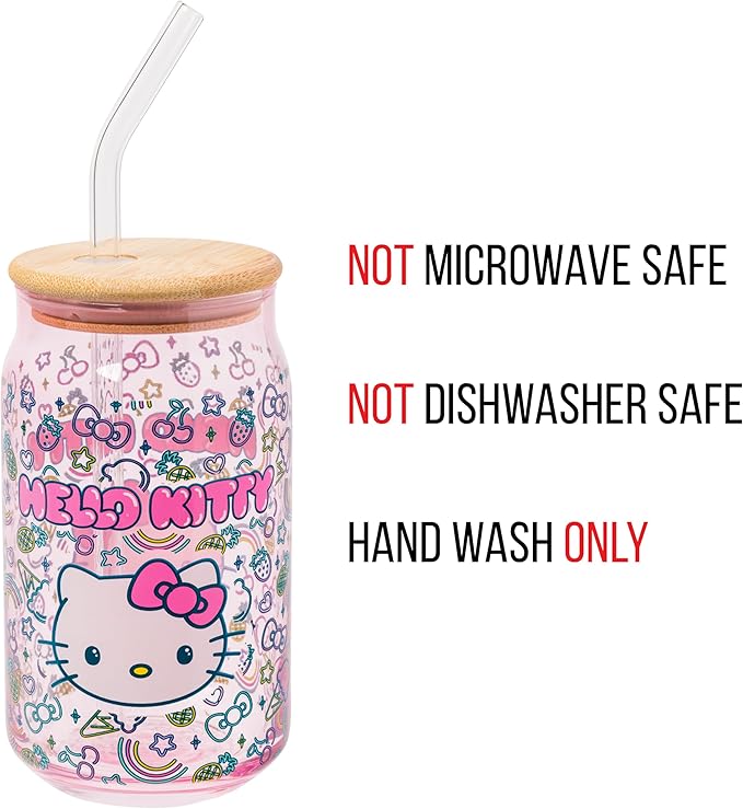 Silver Buffalo Sanrio Hello Kitty Neon Fruits Rainbows and Hearts Pattern Glass Jar Tumbler with Bamboo Lid and Glass Straw, 16 Ounces