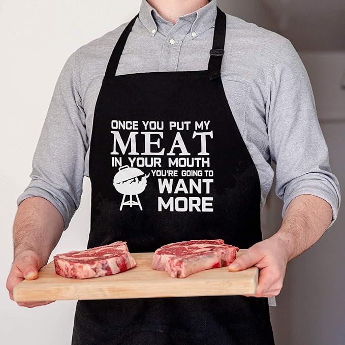 Funny Grilling Apron for Men, Adjustable Black BBQ Cooking Apron with Three Large Pockets, Chef Kitchen Apron for Barbecue and Outdoor Use, Gift for Dad, Husband, Boyfriend