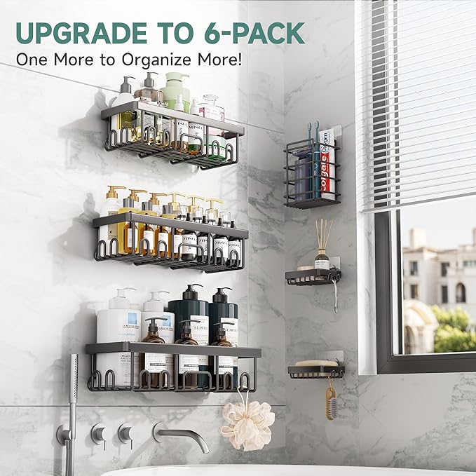 Veken Shower Caddy 6-Pack,Advanced Rustproof Design, No Drilling Adhesive Shelves, Rack with Soap Holder, Large Capacity Bathroom Organizers and Storage, Wall-Mounted Kitchen & Home Decor