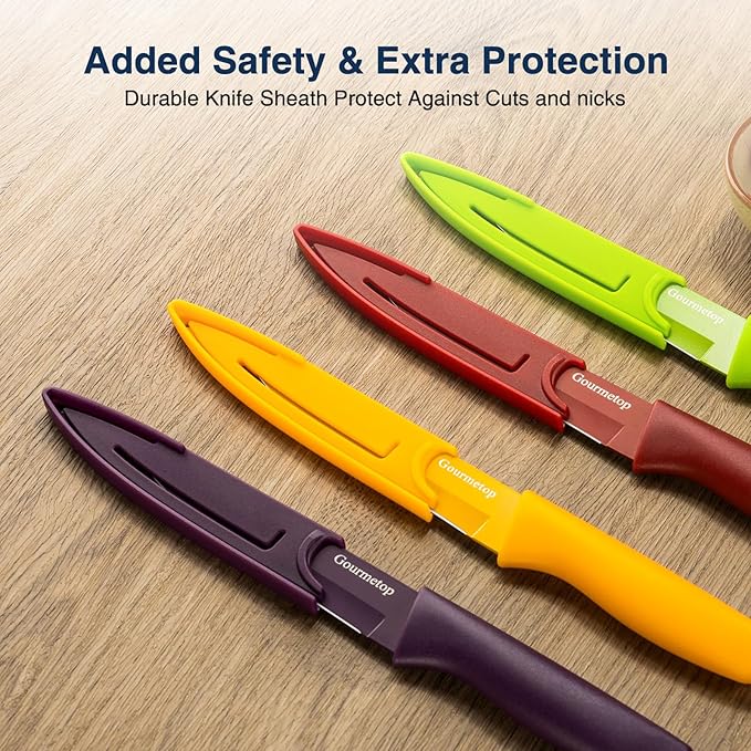 Paring Knife with Cover, Paring Knives Set of 4, 4.5" Paring Knife Set of Premium Stainless Steel, Small Kitchen Knife Set for Fruit and Vegetable, Ergonomic Knife Handles for Versatility