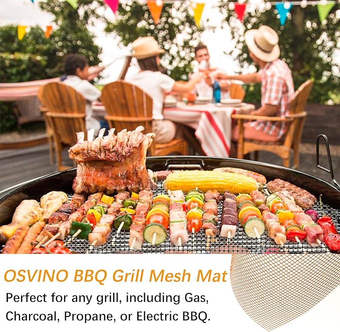 OSVINO Beige Grill Mesh Mat 5 Pack Reusable Non-Stick BBQ Grill Mats 16"x12" Outdoor Barbecue Baking Accessories Works on Gas Charcoal Electric Grill for Grilling Meat, Fish, Steak, Vegetables