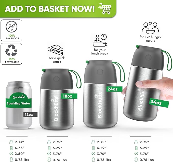 Blockhütte Small Thermos for hot Food Kids - 18 oz | Wide Mouth Food Flask with Spork & Brush | Stainless steel Soup Flask | Insulated Food Jar 14h Hot | Soup Thermos for Adults