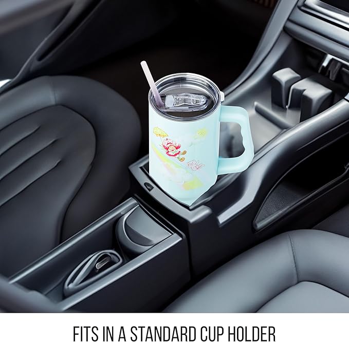 Silver Buffalo Strawberry Shortcake and Custard Stainless Steel Tumbler with Handle, Fits in Standard Cup Holder, 40 Ounces
