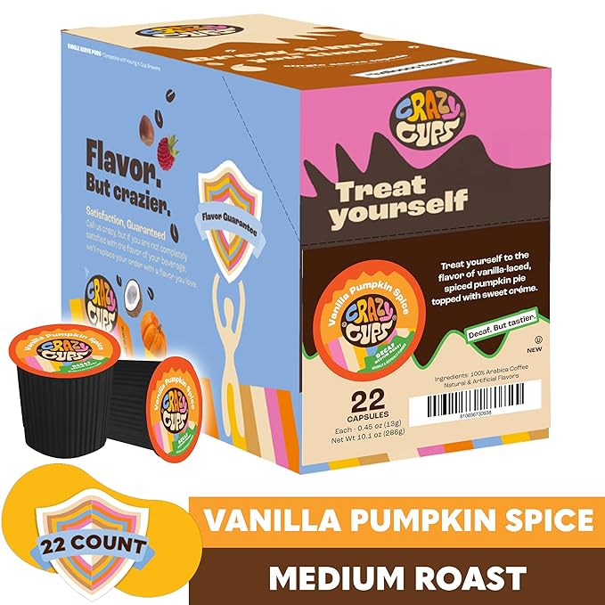 Crazy Cups Decaf Flavored Vanilla Pumpkin Spice Coffee Pods, Recyclable Medium Roast Single Serve for Keurig K Machines, Brew Hot or Iced, 22 Count (Pack of 1)