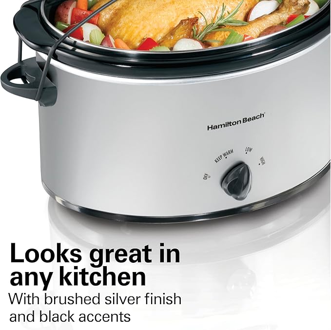 Hamilton Beach 7-Quart Portable Slow Cooker Serves 8+, Dishwasher Safe Crock, Lid Latch Strap for Travel, Brushed Silver