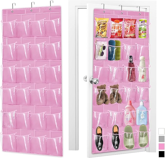 Over The Door Shoe Organizer - Space Saving Shoe Rack for Closet Door with 24 Pockets and Hook, Shoe Holder Back of Door Organizers for Shoes, Hanging Shoe Organizer (Pink)