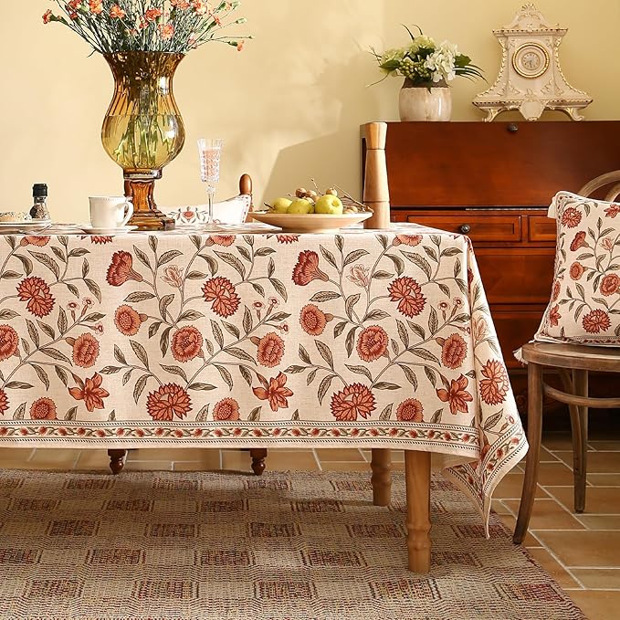 ISAENNE Designer French Extra Long Rectangular Tablecloth,Linen Orange Floral Pattern Indoor Table Cloth,Wrinkle Resistant Decor Table Cloth for Dining Thanksgiving Kitchen,63"*110"-Alvarado D