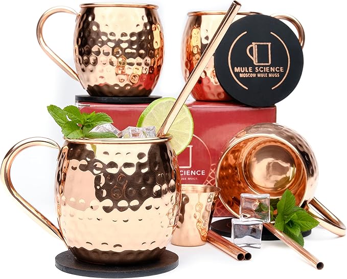 Advanced Mixology [Gift Set] Mule Science Moscow Mule Mugs Set of 4 (19 oz. large size) | 100% Handcrafted | Food Safe | Copper Mugs w/Accessories | Tarnish Resistant Copper Cups